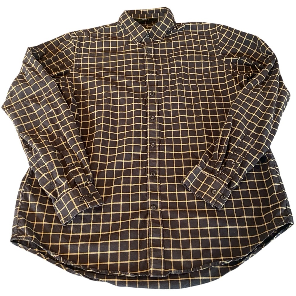 Eddie Bauer Mens XLT Flannel Button Down Shirt Black Tan Windowpane Plaid Vtg.